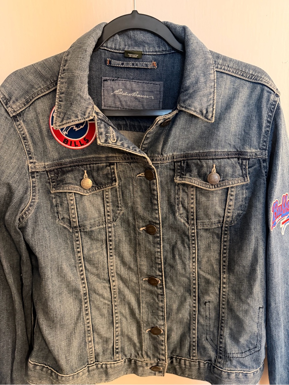 Eddie Bauer Women's Faded Blue Denim Jacket with Buffalo Bills Patches